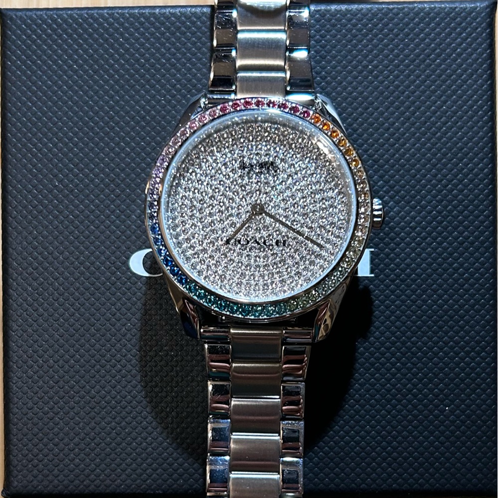 Coach Preston Watch With 36mm Silver Crystals Pave Face & Silver Bracelet